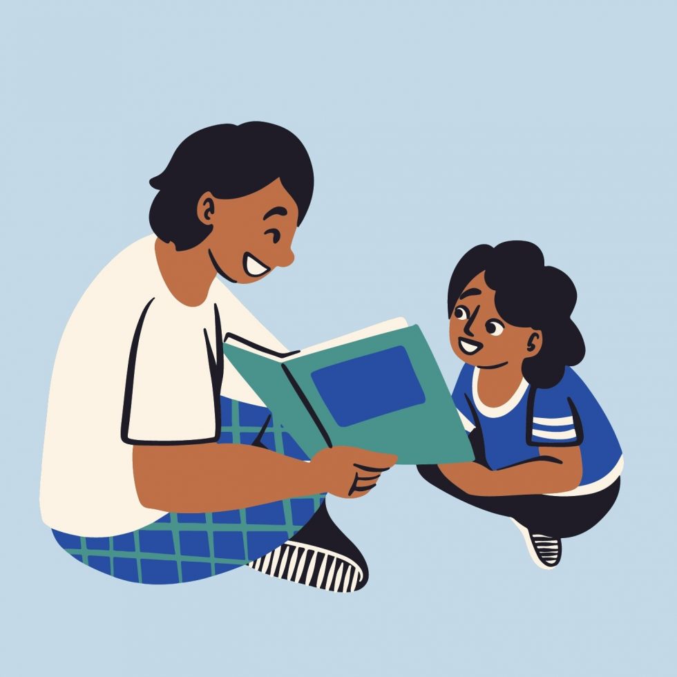 Erwachsene und Kind mit Buch